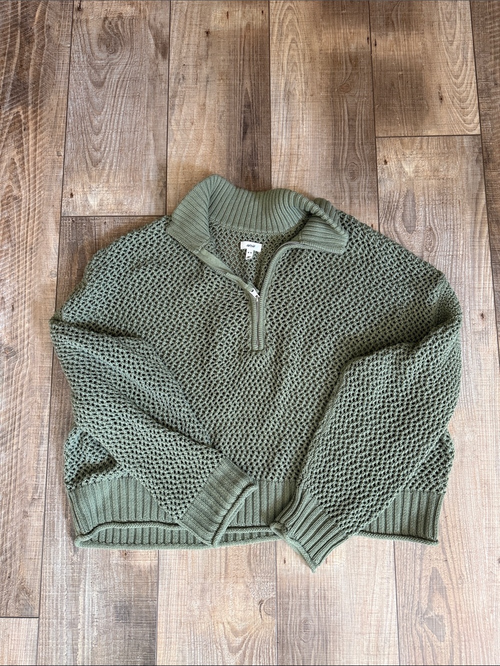Aerie Olive Green Half-Zip Open Knit Sweater